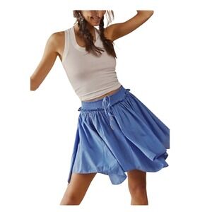 Free People Mini Skirt Womens Large Blue Flower Fields Smocked Handkerchief Hem